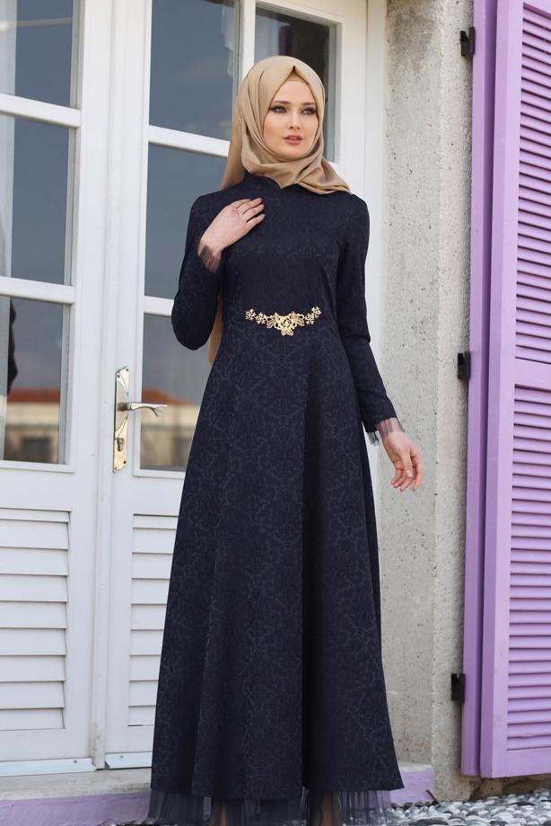 Vêtements hijab  T 2231 Nisa Hakim Yaka Tül Detaylı Abiye - TRENDTESETTÜR