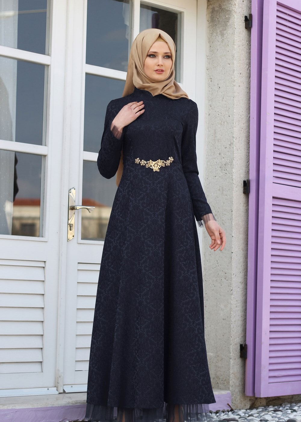 Hijab clothing NAVY BLUE T 2231 Nisa Hakim Yaka Tül Detaylı Abiye