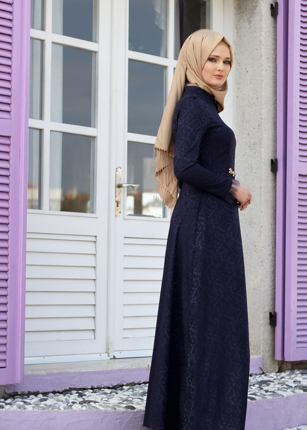Hijab clothing NAVY BLUE T 2231 Nisa Hakim Yaka Tül Detaylı Abiye