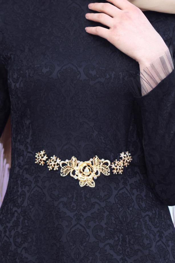 Vêtements hijab  T 2231 Nisa Hakim Yaka Tül Detaylı Abiye - TRENDTESETTÜR