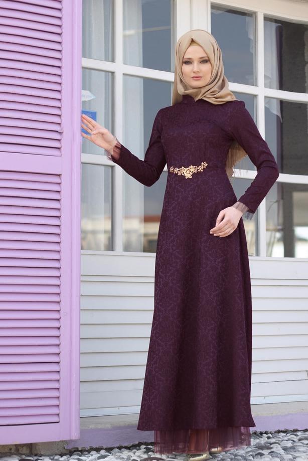 Vêtements hijab  T 2231 Nisa Hakim Yaka Tül Detaylı Abiye - TRENDTESETTÜR