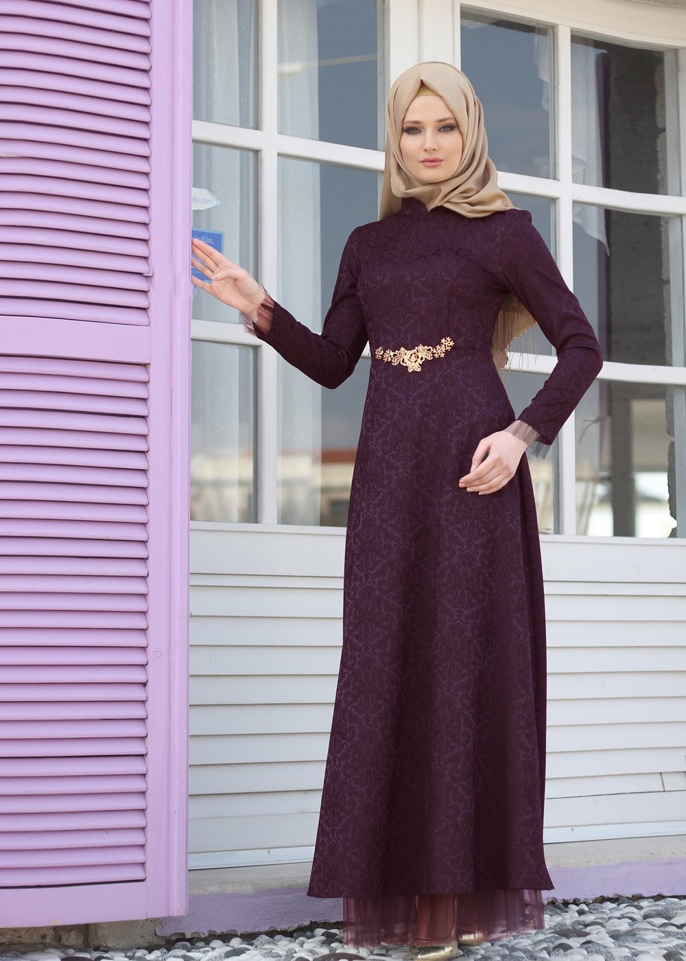 Vêtements hijab ROUGE BORDEAUX T 2231 Nisa Hakim Yaka Tül Detaylı Abiye