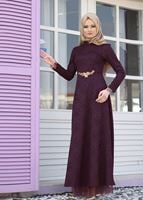 Vêtements hijab ROUGE BORDEAUX T 2231 Nisa Hakim Yaka Tül Detaylı Abiye