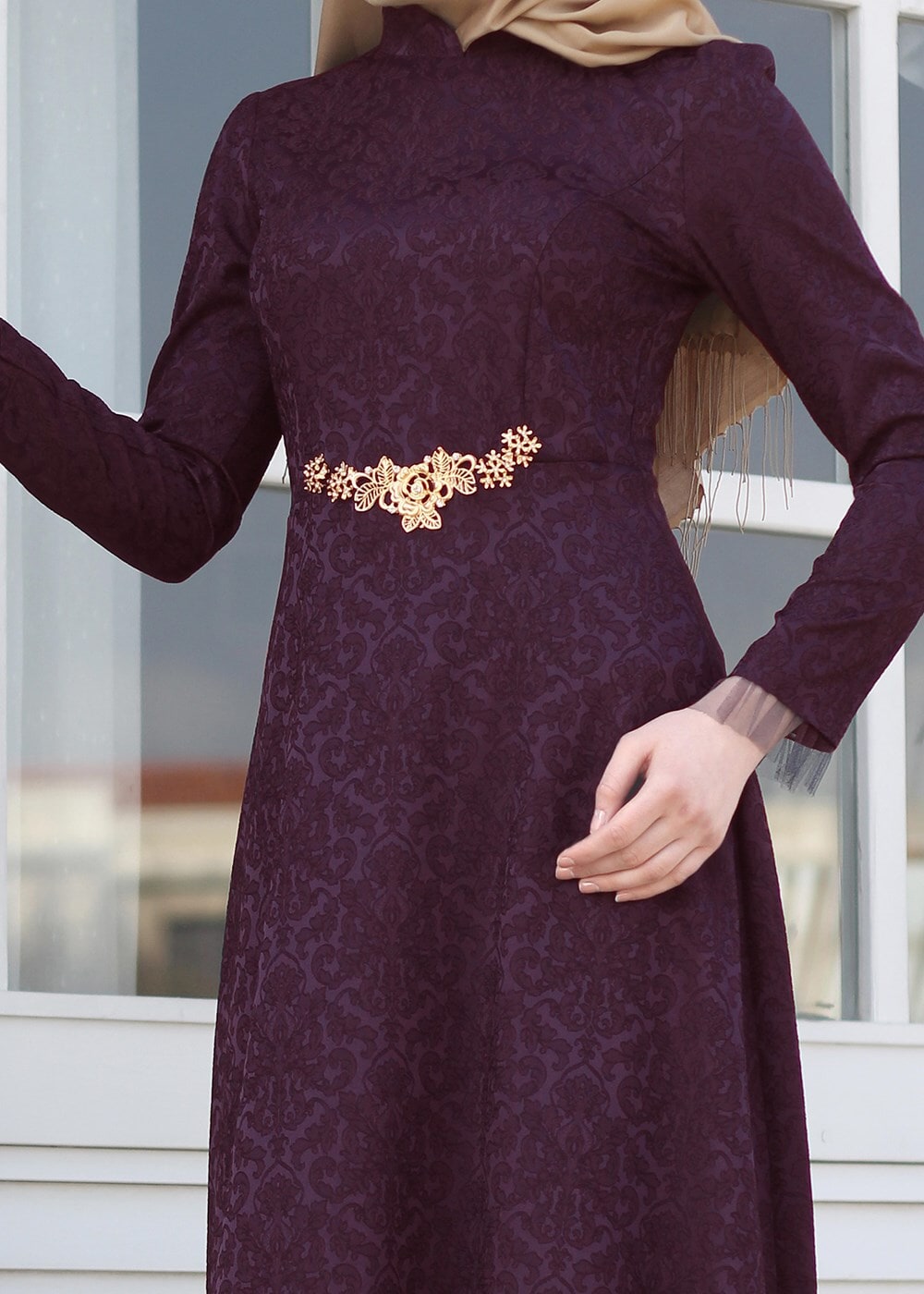 Vêtements hijab ROUGE BORDEAUX T 2231 Nisa Hakim Yaka Tül Detaylı Abiye