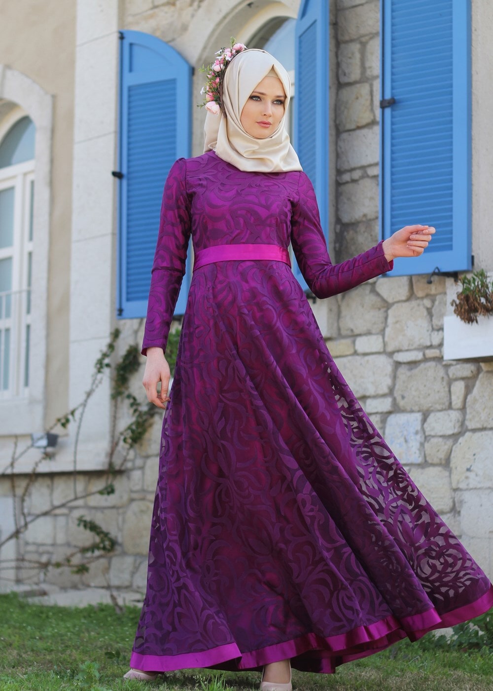 Hijab clothing FUCHSIA T 2285 Nisa Organize Dantel Abiye Elbise