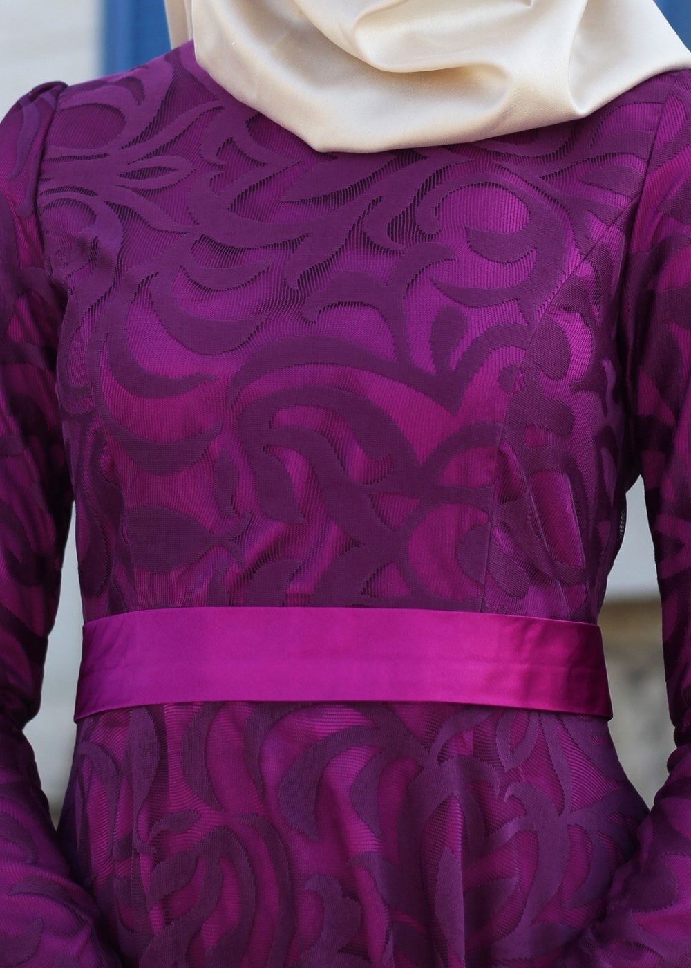 Tesettür giyim FUŞYA DANTEL ABİYE ELBİSE 2285