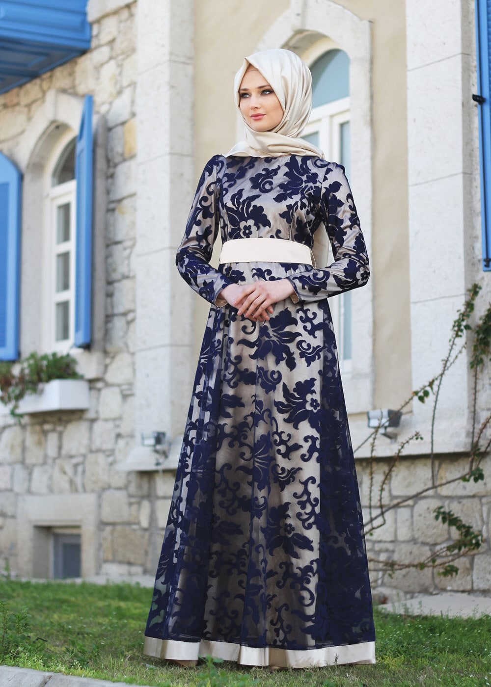Vêtements hijab BLEU MARINE T 2340 Nisa Kombinli Dantel Abiye