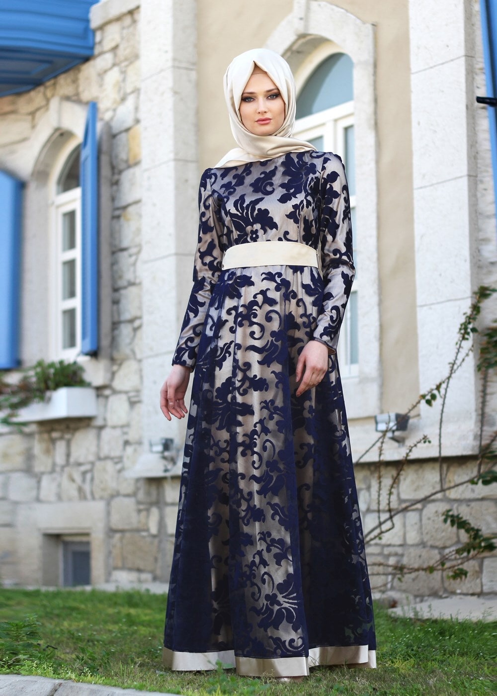 Vêtements hijab BLEU MARINE T 2340 Nisa Kombinli Dantel Abiye