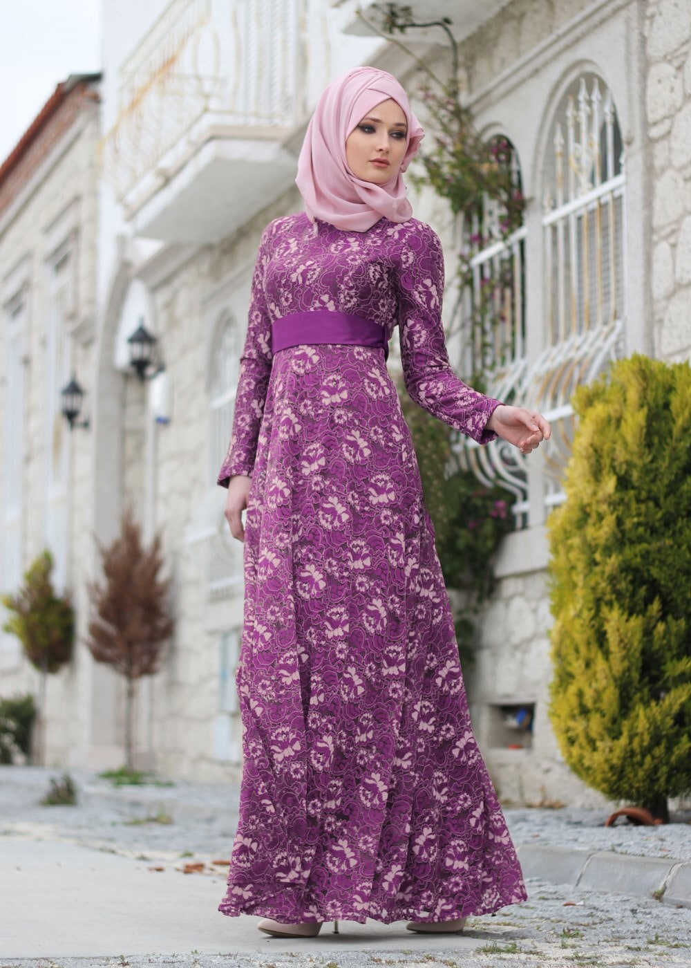 Hijab clothing PURPLE T 2341 Nisa Kuşaklı Dantel Abiye