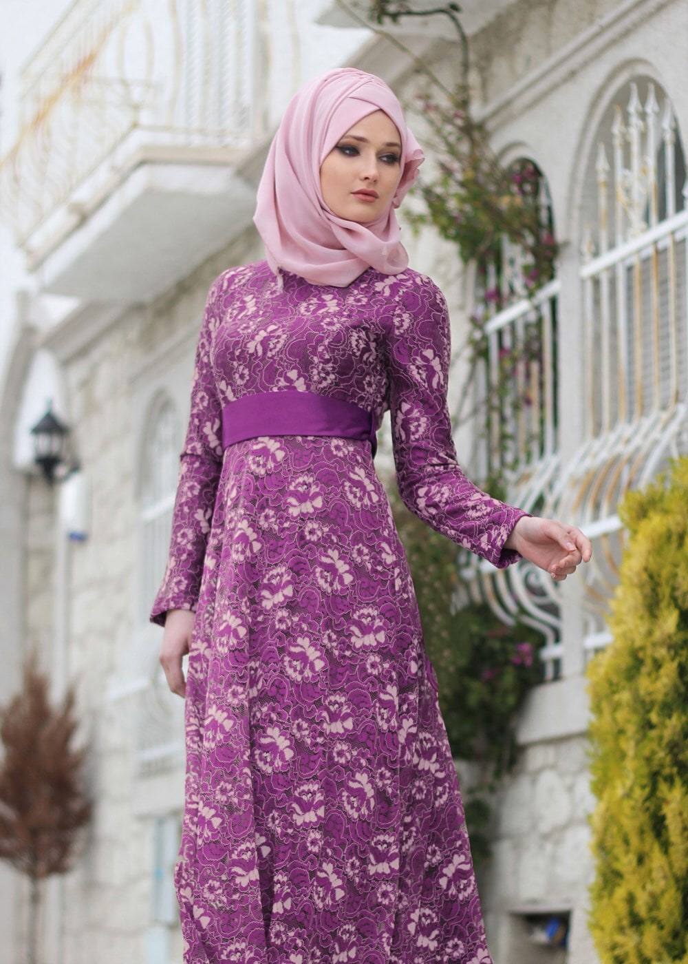 Hijab clothing PURPLE T 2341 Nisa Kuşaklı Dantel Abiye