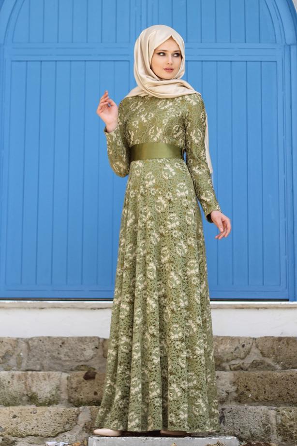 Vêtements hijab  T 2341 Nisa Kuşaklı Dantel Abiye - TRENDTESETTÜR