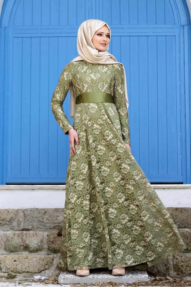 Vêtements hijab  T 2341 Nisa Kuşaklı Dantel Abiye - TRENDTESETTÜR