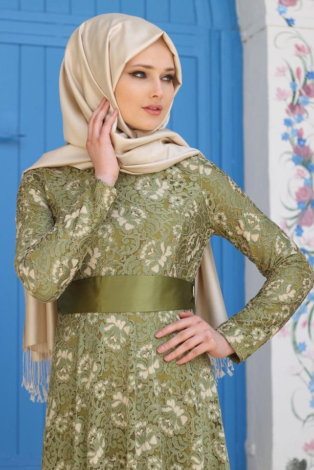 Vêtements hijab  T 2341 Nisa Kuşaklı Dantel Abiye - TRENDTESETTÜR