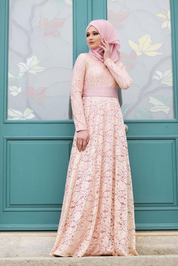 Vêtements hijab  T 2341 Nisa Kuşaklı Dantel Abiye - TRENDTESETTÜR