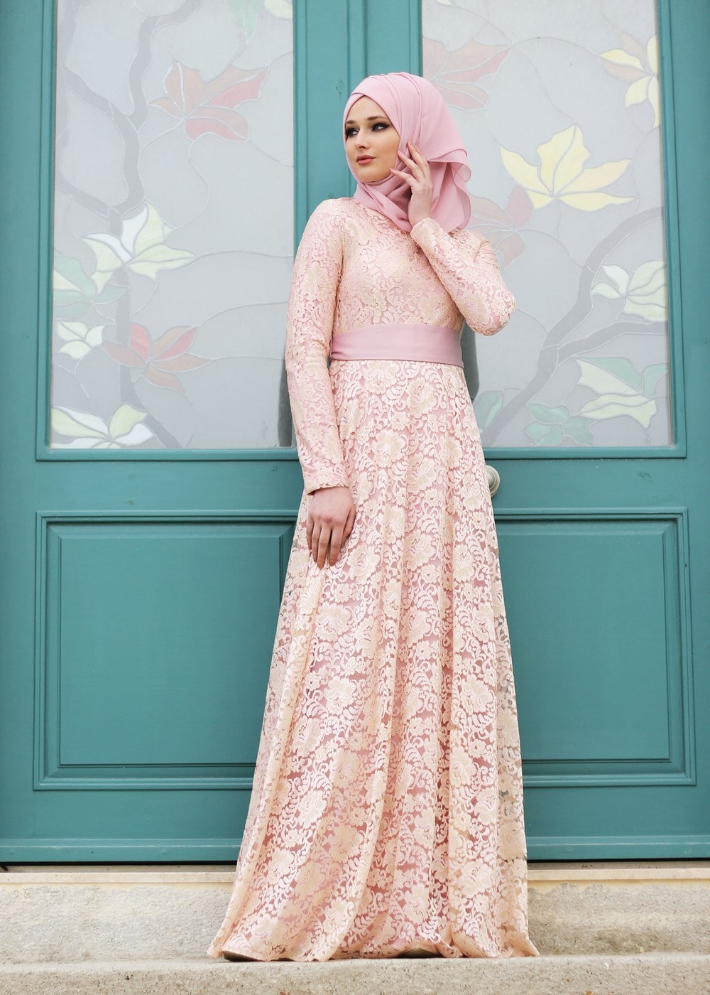 Vêtements hijab POUDRE T 2341 Nisa Kuşaklı Dantel Abiye