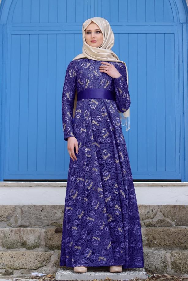Vêtements hijab  T 2341 Nisa Kuşaklı Dantel Abiye - TRENDTESETTÜR