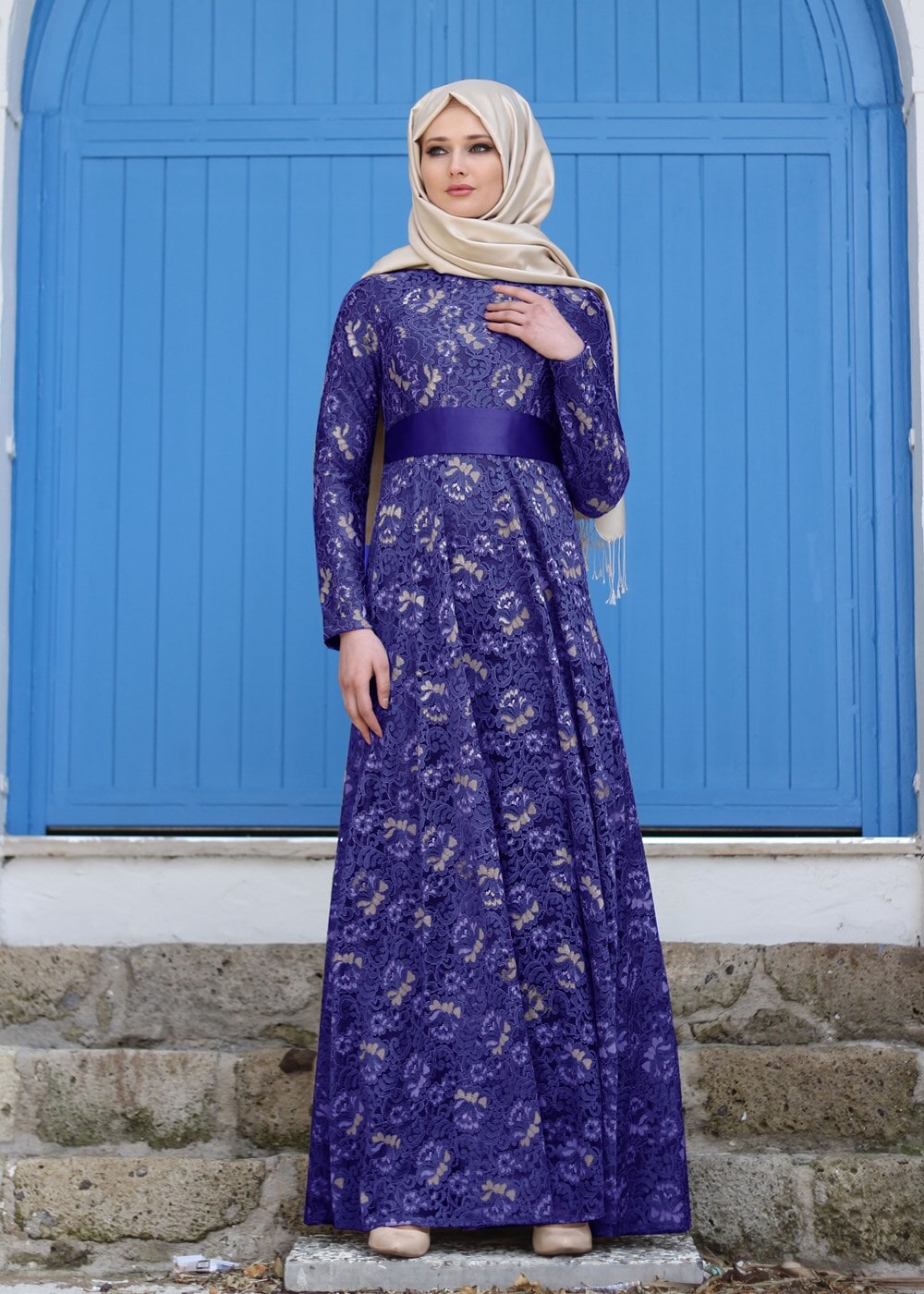 Hijab clothing NAVY BLUE T 2341 Nisa Kuşaklı Dantel Abiye