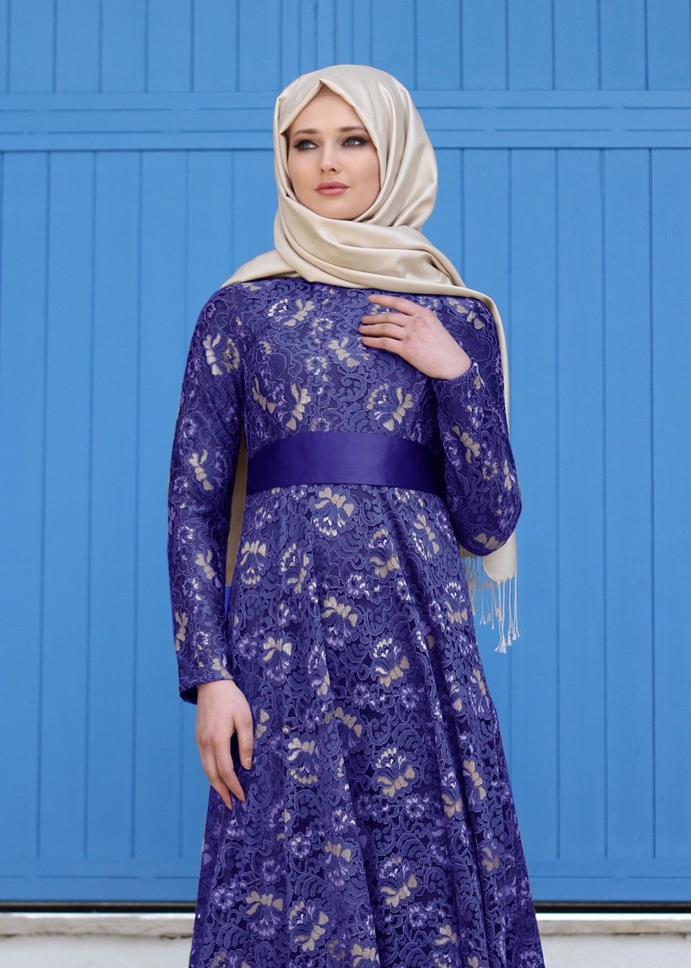 Hijab clothing NAVY BLUE T 2341 Nisa Kuşaklı Dantel Abiye