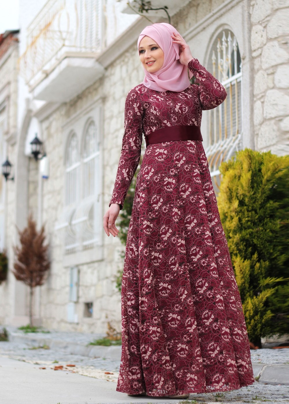 Hijab clothing CLARET RED T 2341 Nisa Kuşaklı Dantel Abiye