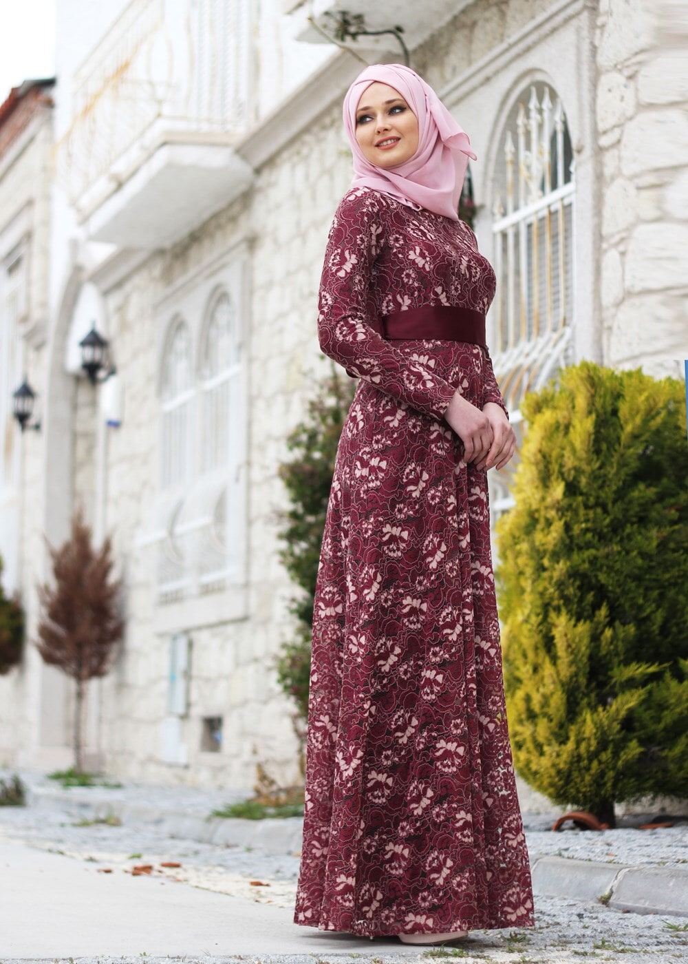 Hijab clothing CLARET RED T 2341 Nisa Kuşaklı Dantel Abiye