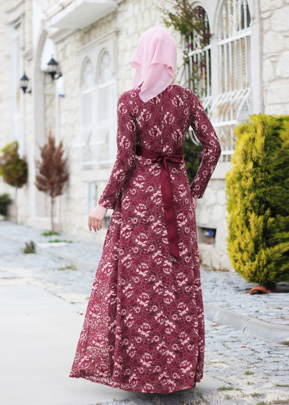 Hijab clothing CLARET RED T 2341 Nisa Kuşaklı Dantel Abiye