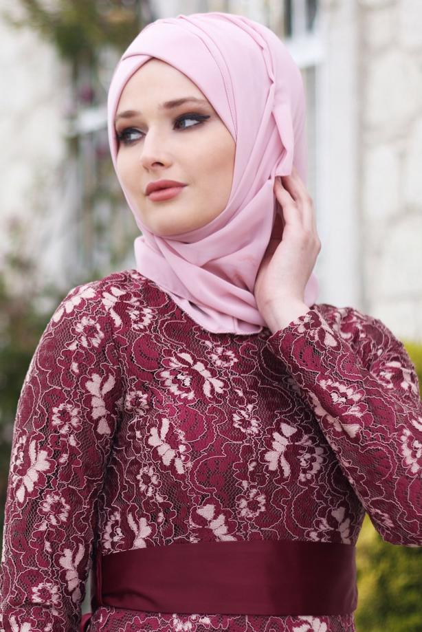 Vêtements hijab  T 2341 Nisa Kuşaklı Dantel Abiye - TRENDTESETTÜR