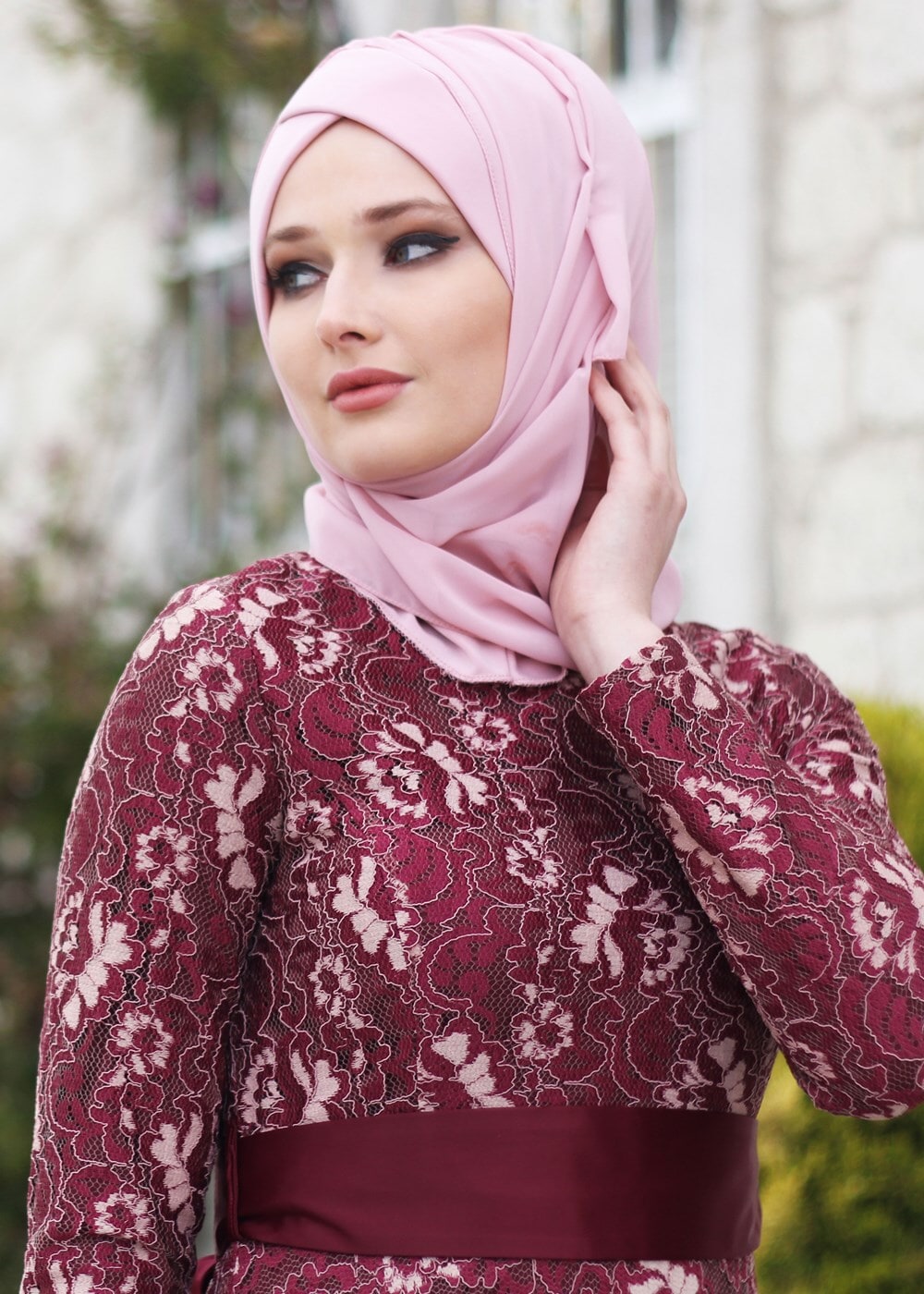Hijab clothing CLARET RED T 2341 Nisa Kuşaklı Dantel Abiye