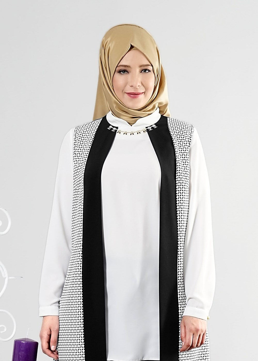 Tesettür giyim KREM T 382 Filizler Kolyeli 2&prime;li Tunik