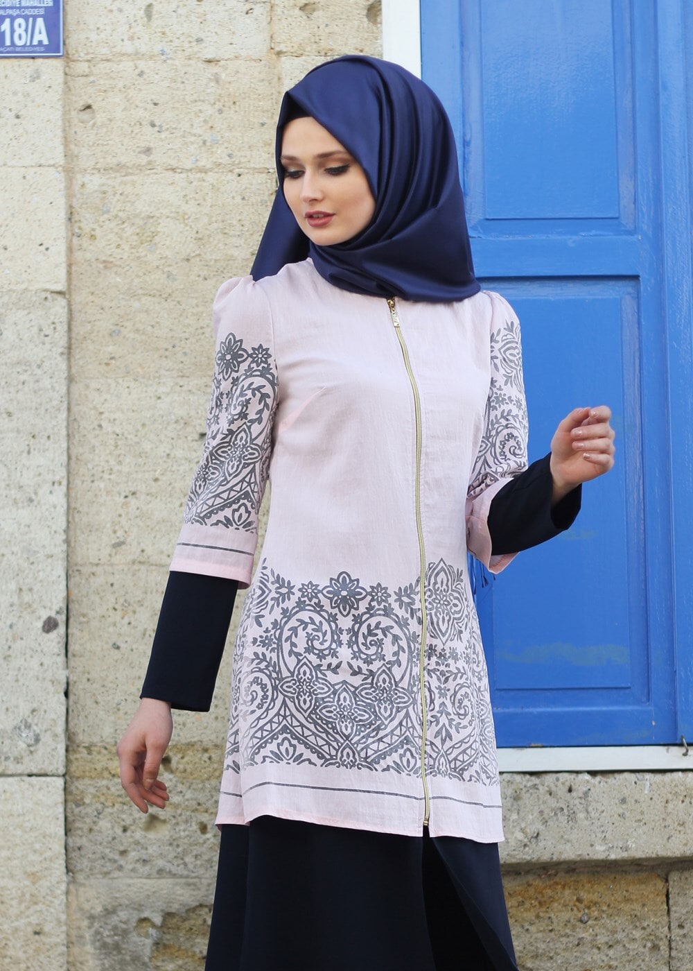 Tesettür giyim PUDRA T 441 Filizler Fermuarlı Tunik