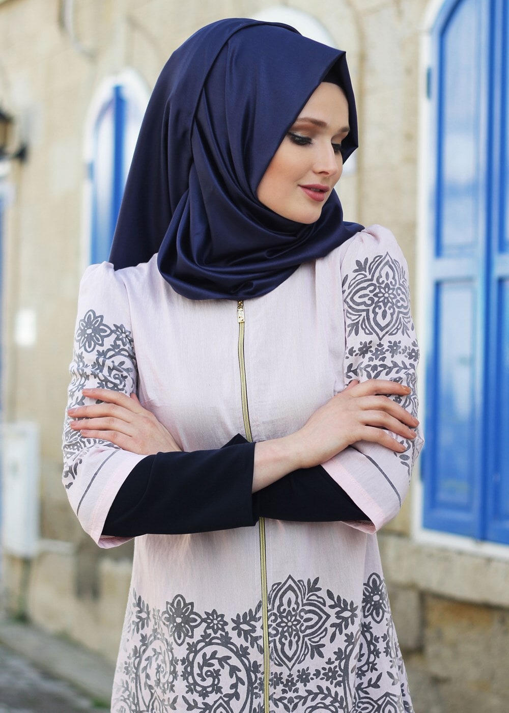 Tesettür giyim PUDRA T 441 Filizler Fermuarlı Tunik