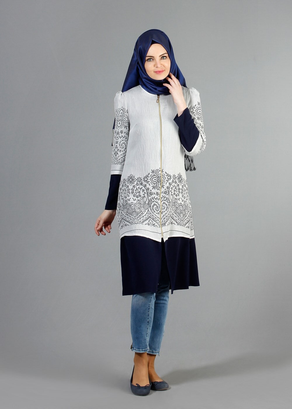 Tesettür giyim KREM T 441 Filizler Fermuarlı Tunik