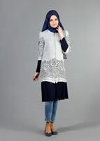 Tesettür giyim KREM T 441 Filizler Fermuarlı Tunik