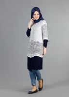 Tesettür giyim KREM T 441 Filizler Fermuarlı Tunik