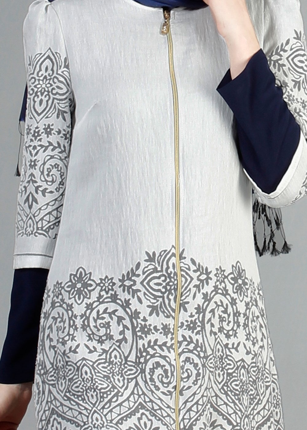 Tesettür giyim KREM T 441 Filizler Fermuarlı Tunik