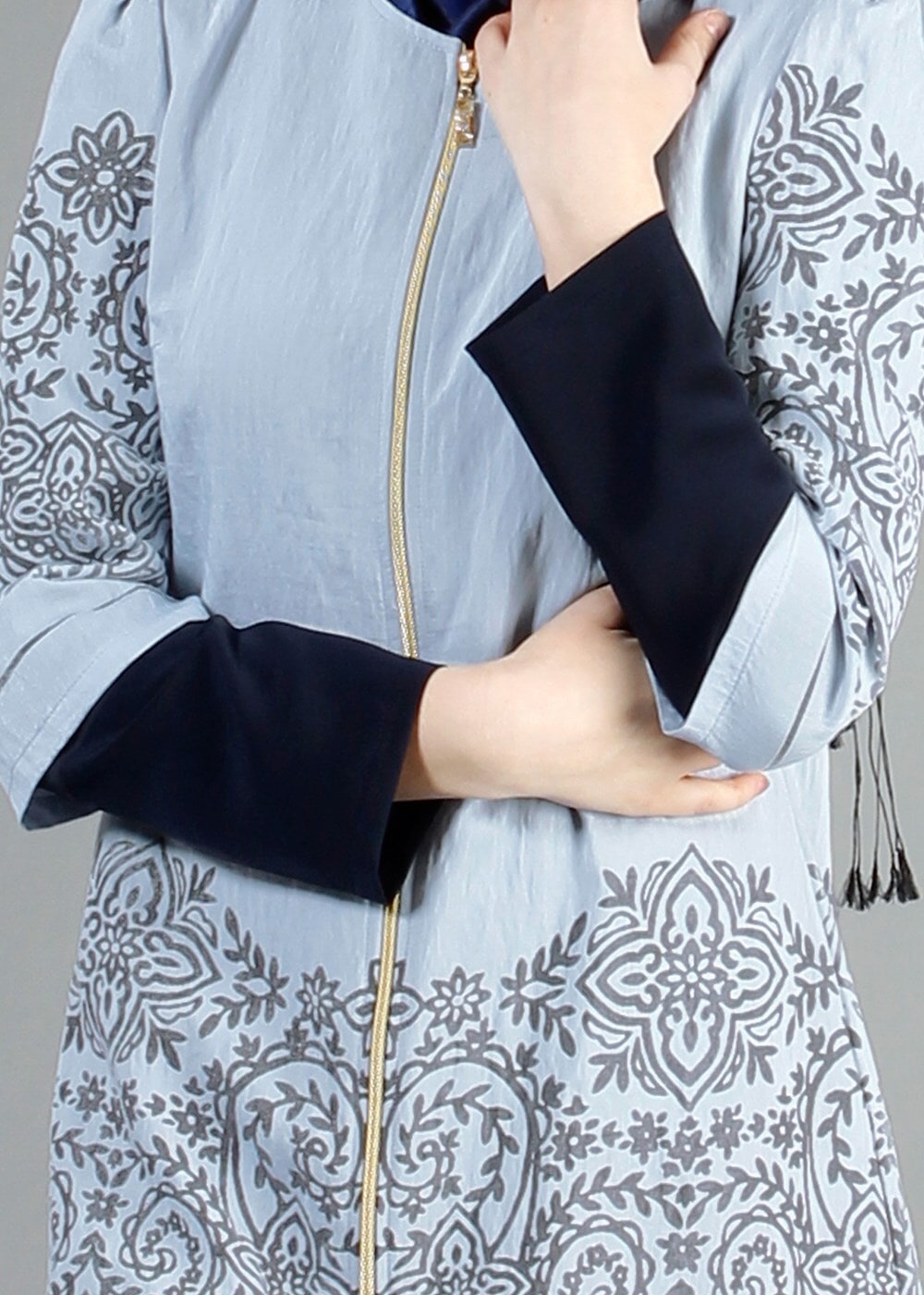 Tesettür giyim MAVİ T 441 Filizler Fermuarlı Tunik