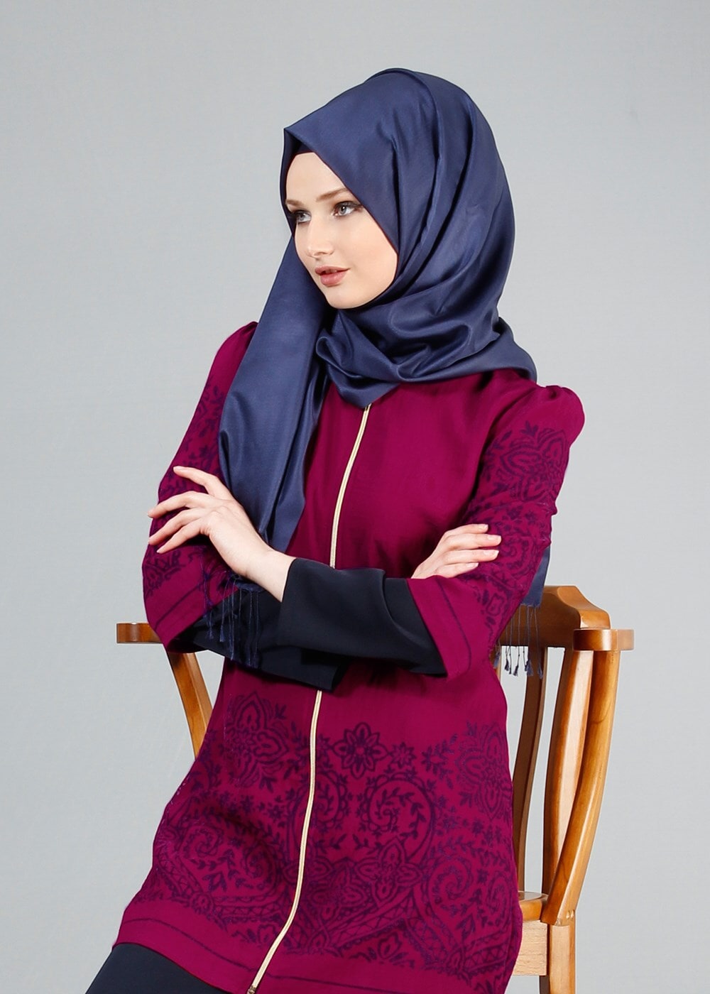 Tesettür giyim MOR T 441 Filizler Fermuarlı Tunik