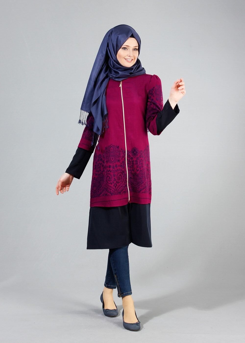 Tesettür giyim MOR T 441 Filizler Fermuarlı Tunik