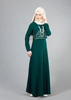 Tesettür giyim YEŞİL T 491 Filizler Lazer Kesim Kolyeli Elbise