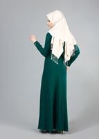 Tesettür giyim YEŞİL T 491 Filizler Lazer Kesim Kolyeli Elbise