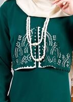 Tesettür giyim YEŞİL T 491 Filizler Lazer Kesim Kolyeli Elbise