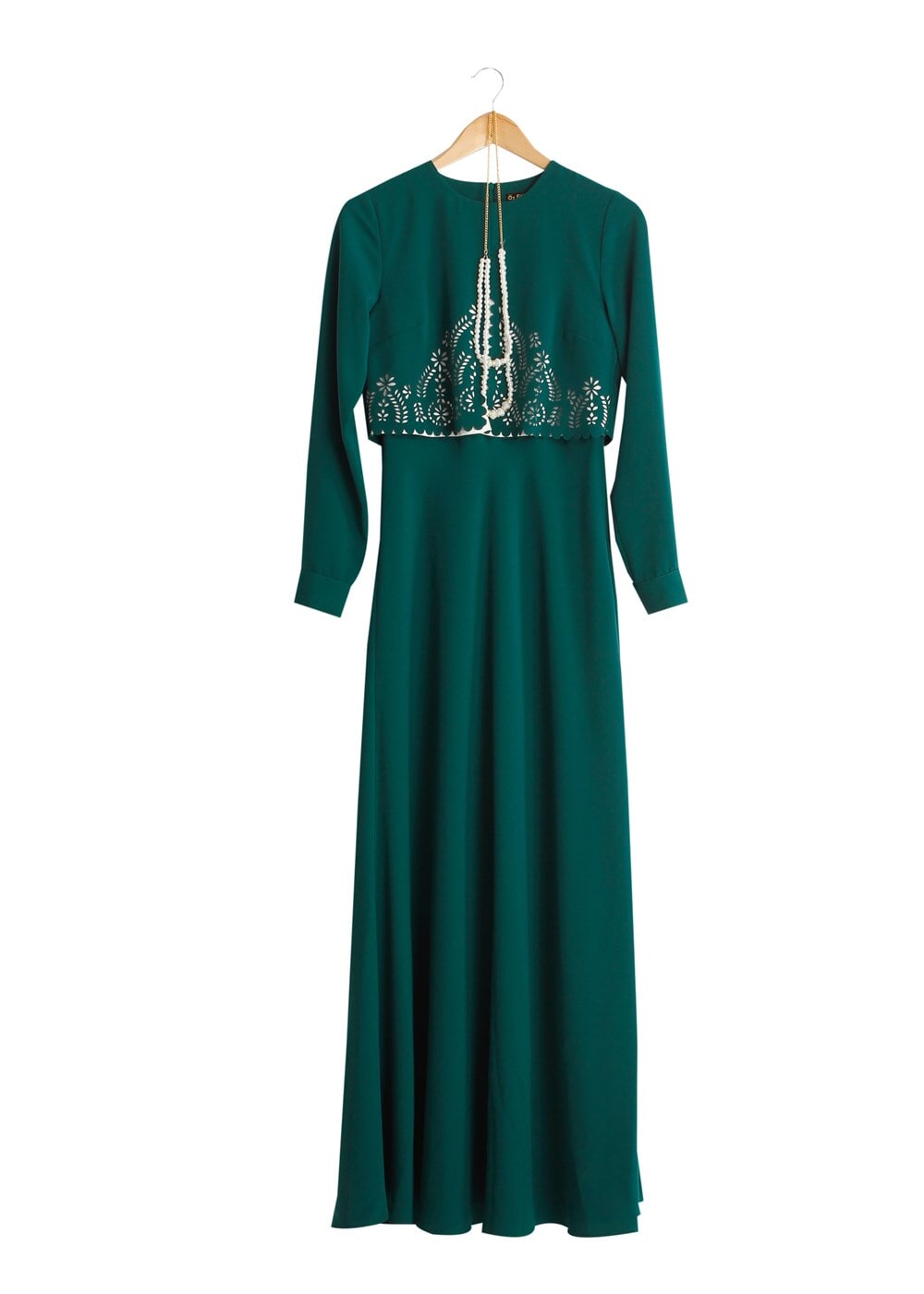 Tesettür giyim YEŞİL T 491 Filizler Lazer Kesim Kolyeli Elbise