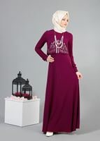 Tesettür giyim FUŞYA T 491 Filizler Lazer Kesim Kolyeli Elbise