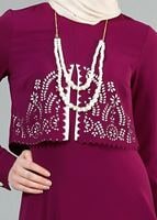 Tesettür giyim FUŞYA T 491 Filizler Lazer Kesim Kolyeli Elbise