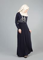 Tesettür giyim LACİVERT T 491 Filizler Lazer Kesim Kolyeli Elbise