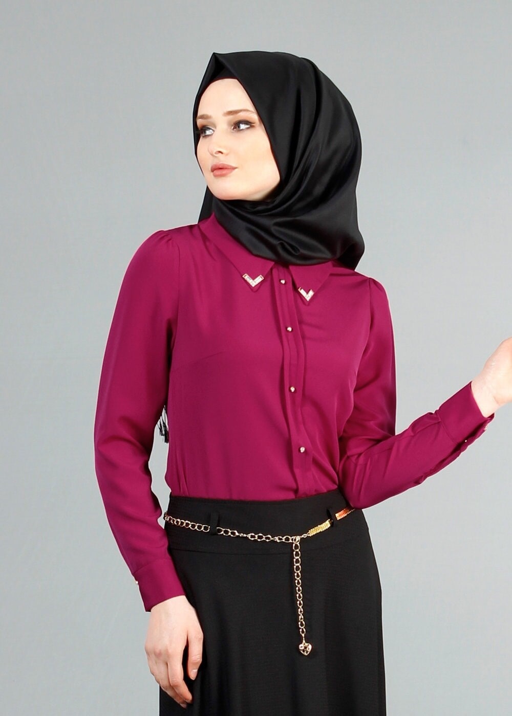 Tesettür giyim FUŞYA ERKEK YAKA DÜĞMELİ BLUZ 1548 
