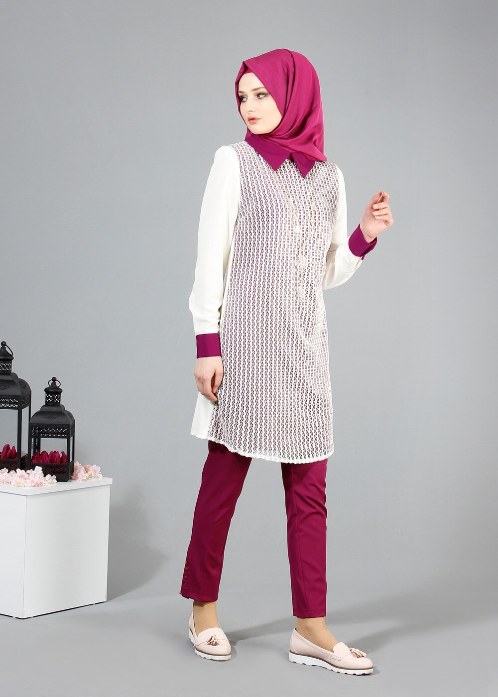 Tesettür giyim KREM T 3036 Öztaşgın Erkek Yaka Kolyeli Tunik