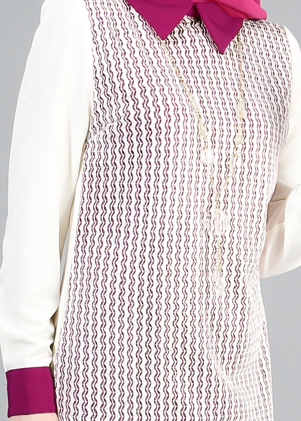 Tesettür giyim KREM T 3036 Öztaşgın Erkek Yaka Kolyeli Tunik