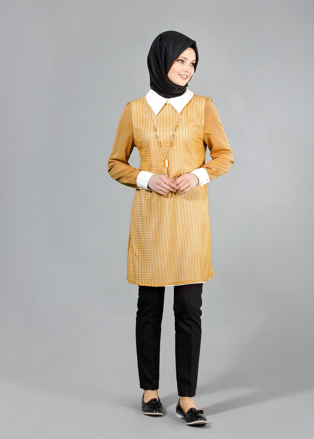 Tesettür giyim TURUNCU T 3036 Öztaşgın Erkek Yaka Kolyeli Tunik