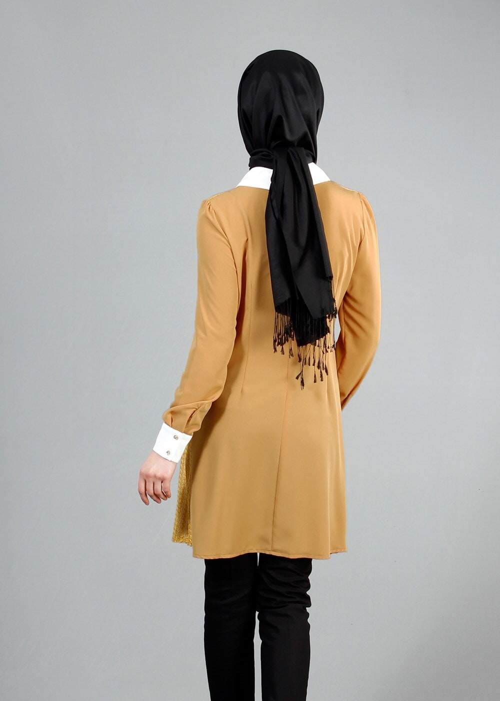 Tesettür giyim TURUNCU T 3036 Öztaşgın Erkek Yaka Kolyeli Tunik