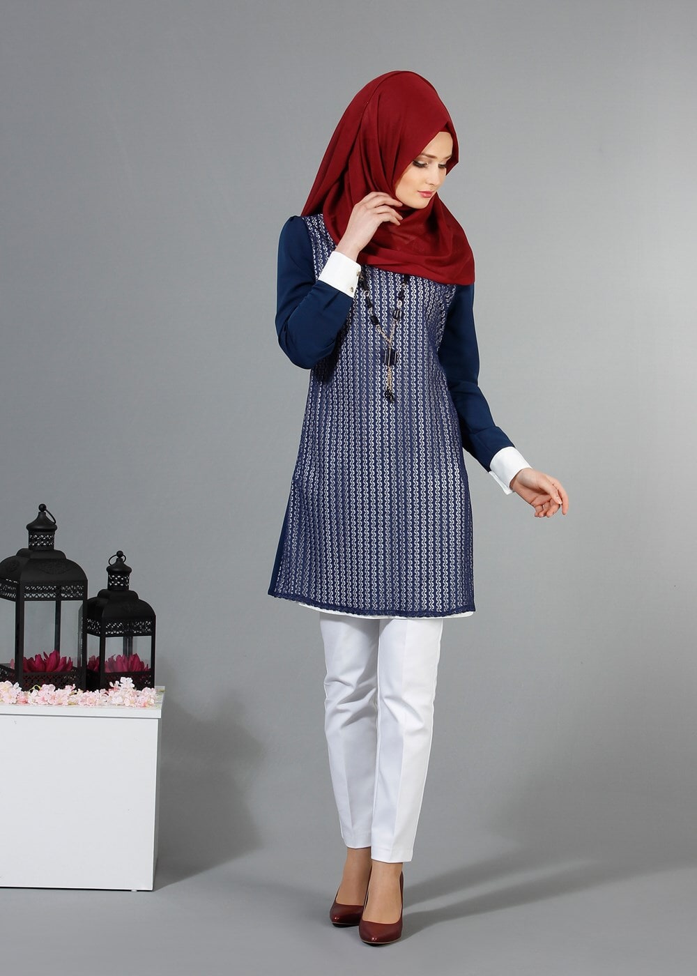 Tesettür giyim LACİVERT T 3036 Öztaşgın Erkek Yaka Kolyeli Tunik